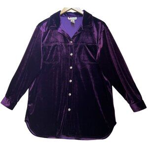 Lavon Women's Velvet Button Up Shirt Long Sleeve Stretch Size M Purple Solid